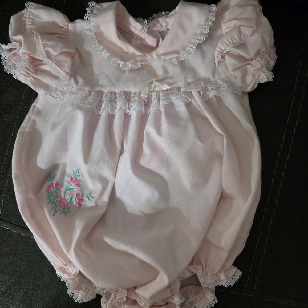 Nursery Rhyme Pink Lace Trim Floral Embroidered Baby One-Piece